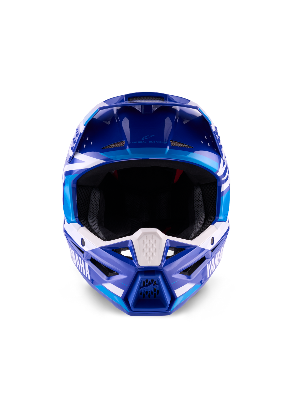Casque Yamaha S-M3 ECE 22.06, casque de motocross, bleu et blanc brillant, vue de face mettant en évidence la mentonnière de protection avec logo Yamaha et multiples ports de ventilation.