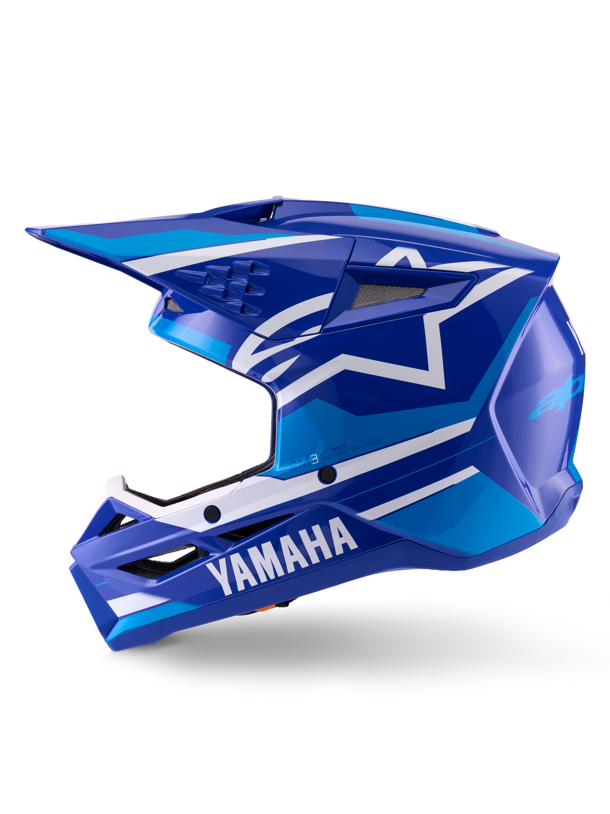 Casque Alpinestars Yamaha S-M3, casque de motocross, bleu et blanc brillant, vue de profil présentant le marquage Yamaha sur la mentonnière et le logo étoile Alpinestars, coque aérodynamique avec ports de ventilation pour la course tout-terrain