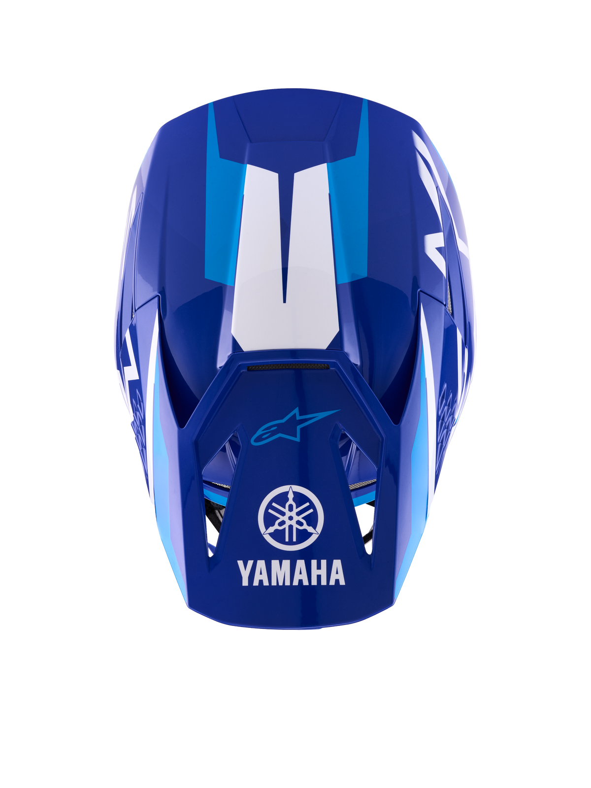 Casque Alpinestars Yamaha S-M3, casque de motocross, bleu et blanc brillant, vue de dessus montrant la visière avec le logo et le lettrage Yamaha blancs, des accents graphiques bleu clair et une coque au design aérodynamique agressif.