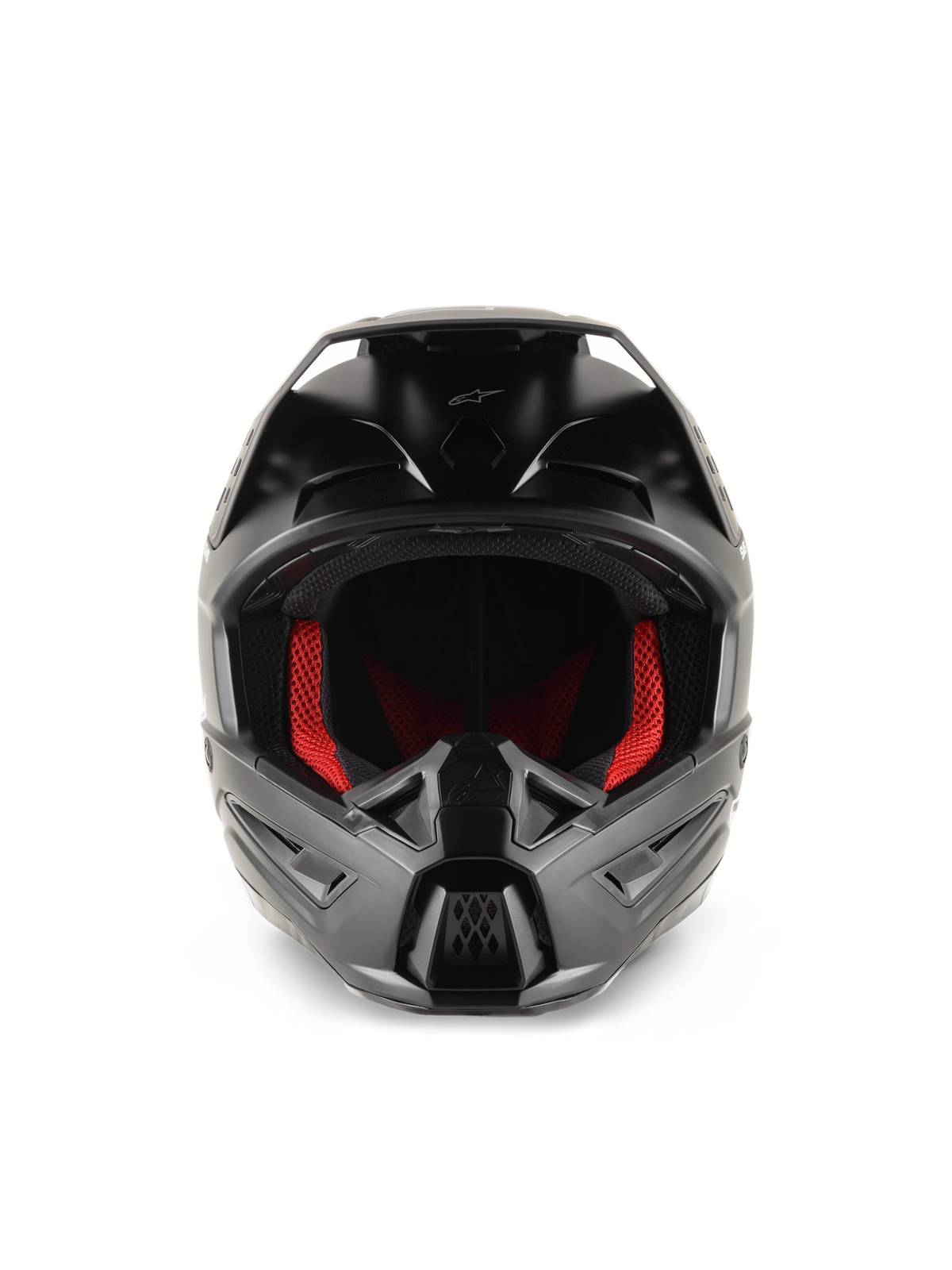 Alpinestars S-M5 Solid Helmet, Motocross Helmet, Black Matte, front view featuring red interior padding, sculpted chin bar with ventilation ports, and protective visor for off-road racing