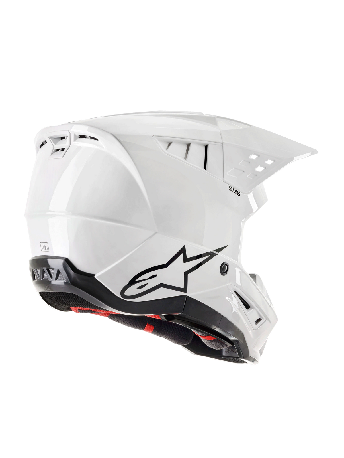 Alpinestars S-M5 Solid Helmet ECE 22.06, casque de motocross, blanc brillant, vue de trois-quarts arrière avec logo Astars noir, extracteurs d'air intégrés et coque au design aérodynamique épuré