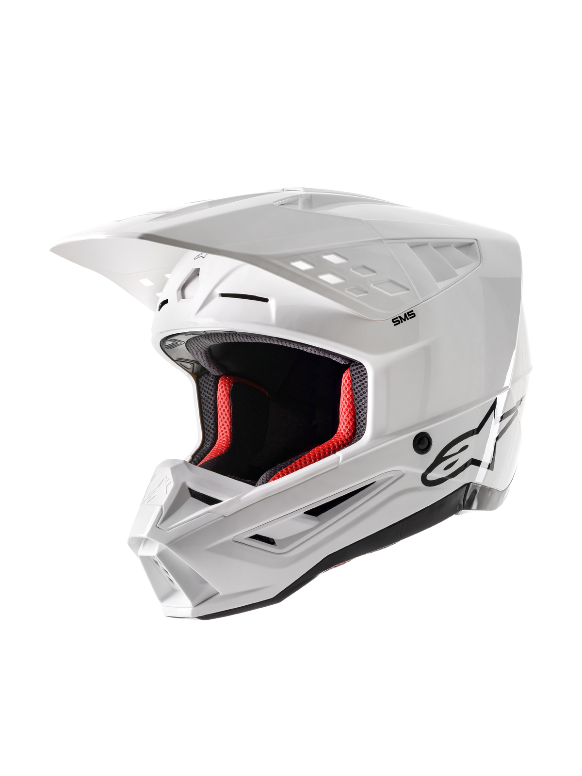 Casque Alpinestars S-M5 Solid ECE 22.06, casque de motocross, blanc brillant, avec rembourrage intérieur rouge, logo Alpinestars noir, visière aérodynamique et multiples ports de ventilation pour une protection optimale en tout-terrain