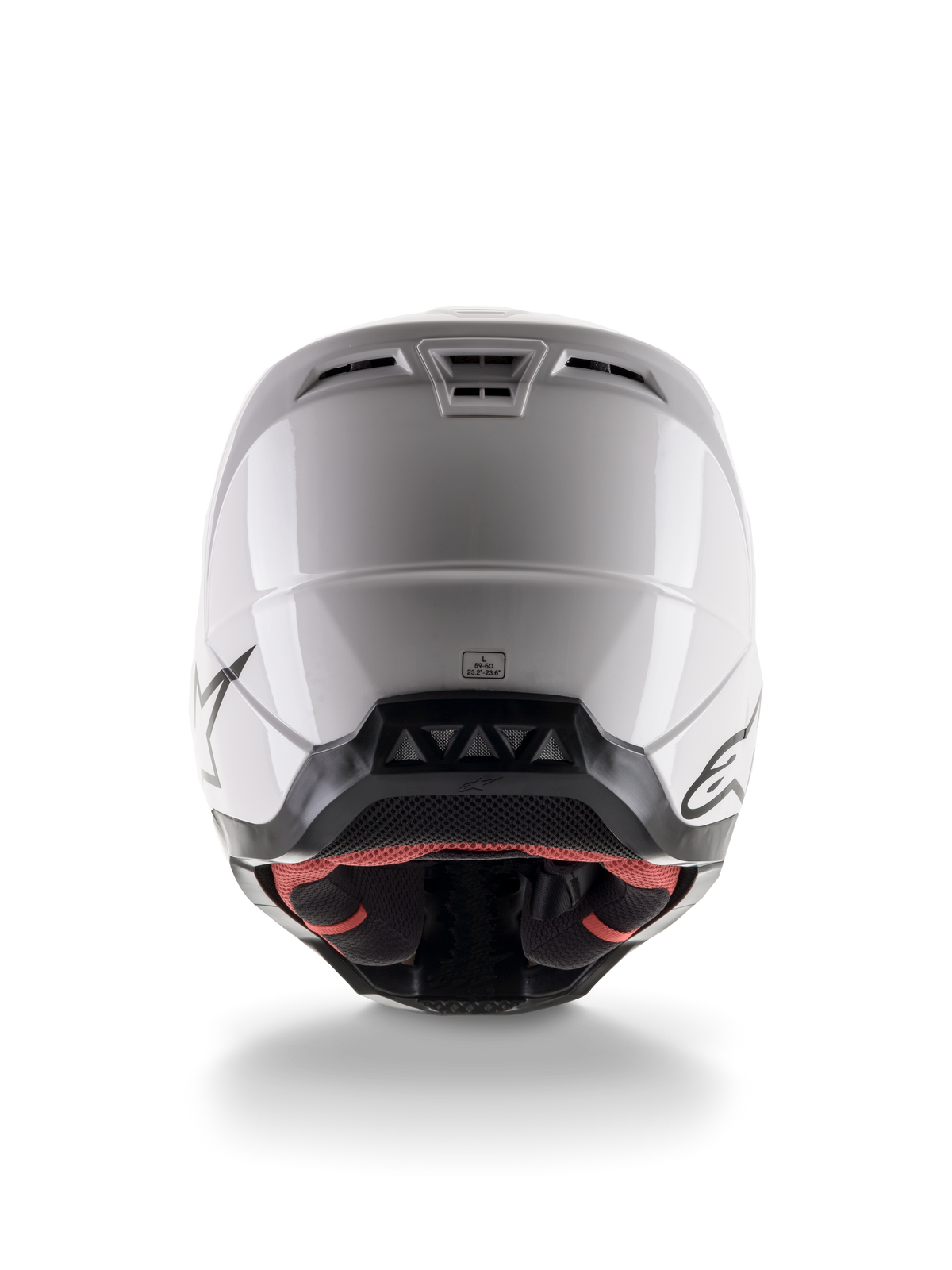 Alpinestars S-M5 Solid Helmet ECE 22.06, casque de motocross, blanc brillant, vue arrière présentant des évents d'extraction aérodynamiques et une bordure inférieure noire avec logos, équipement de protection élégant pour la course tout-terrain