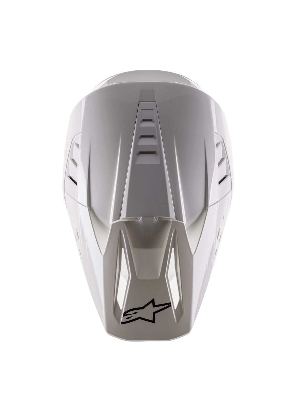 Alpinestars S-M5 Solid Helmet ECE 22.06, casque de motocross, blanc brillant, vue de dessus montrant les aérations supérieures et le logo noir sur l'extrémité de la visière