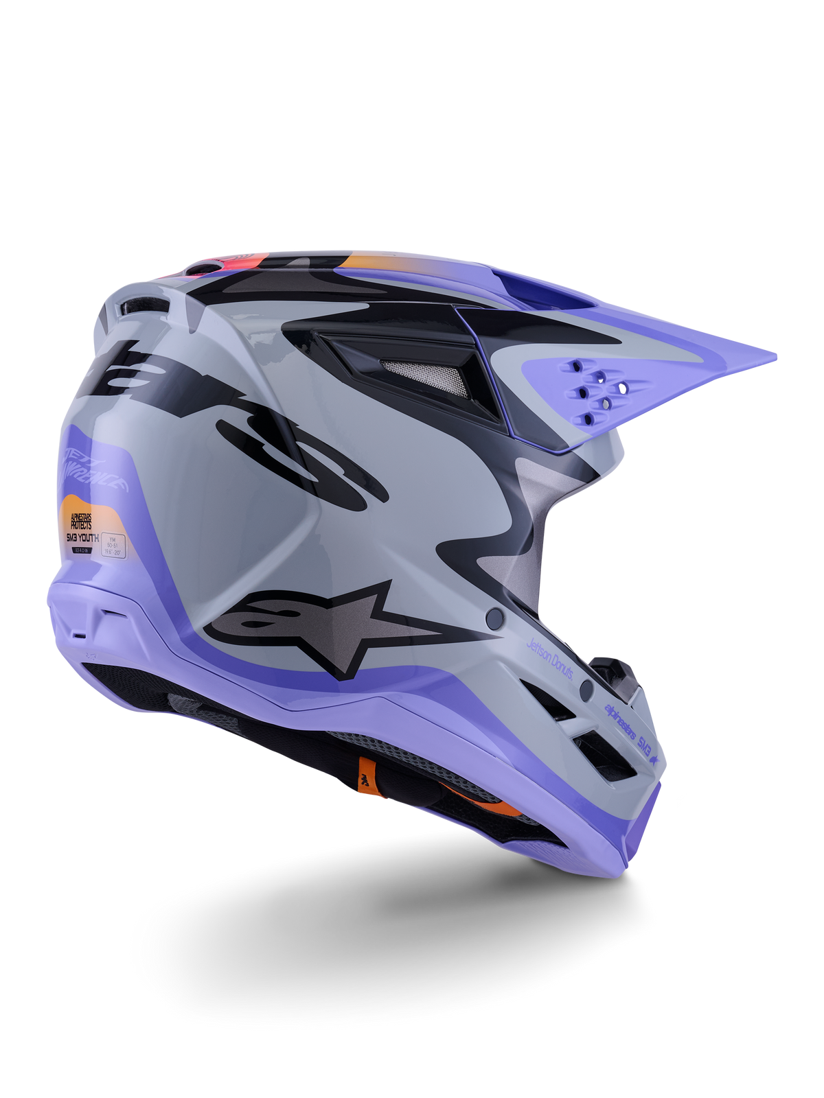 Alpinestars S-M3 Jettson Youth Helmet, Motocross Helmet, Gray Purple and Black Glossy, rear three-quarter view, featuring a purple visor, black Alpinestars logo, and multiple ventilation ports, sleek design for youth off-road racing