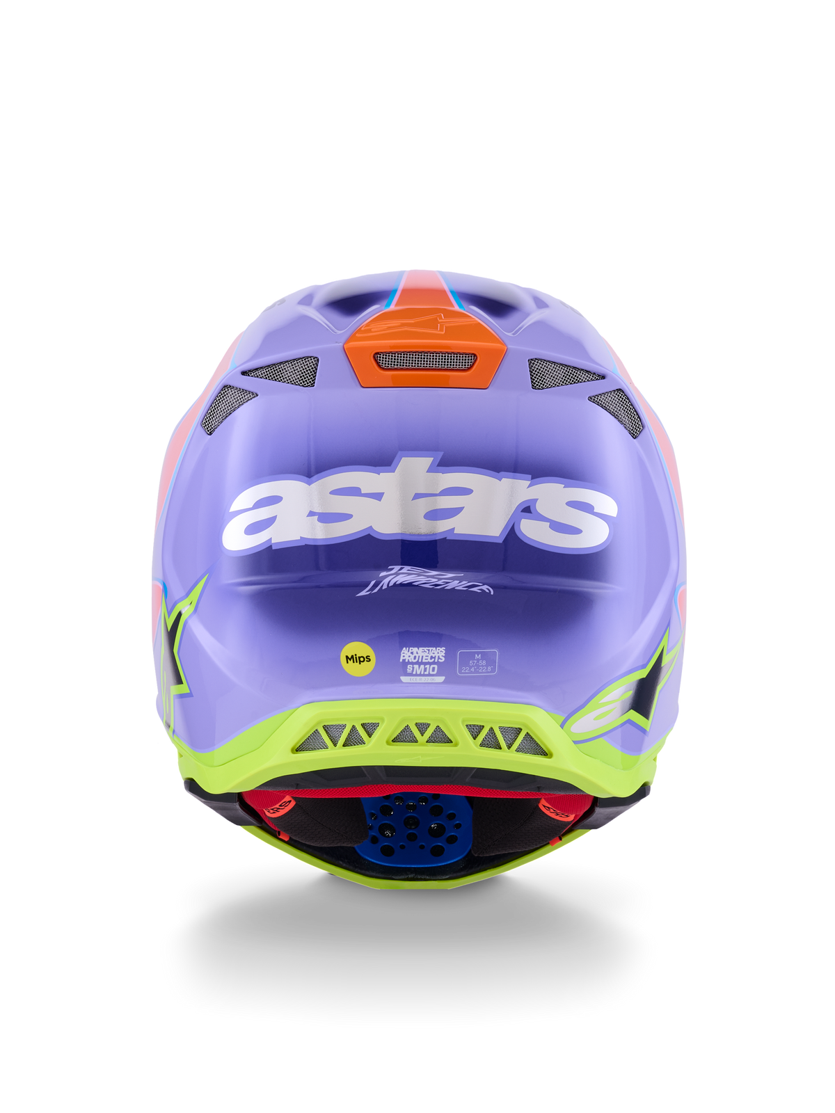 Alpinestars Supertech M10 Jett Lawrence R01 Helmet, Motocross Helmet, Purple Pink and Fluorescent Yellow, rear view featuring bold white astars logo, Jett Lawrence signature, and multiple ventilation ports, sleek aerodynamic design for off-road racing