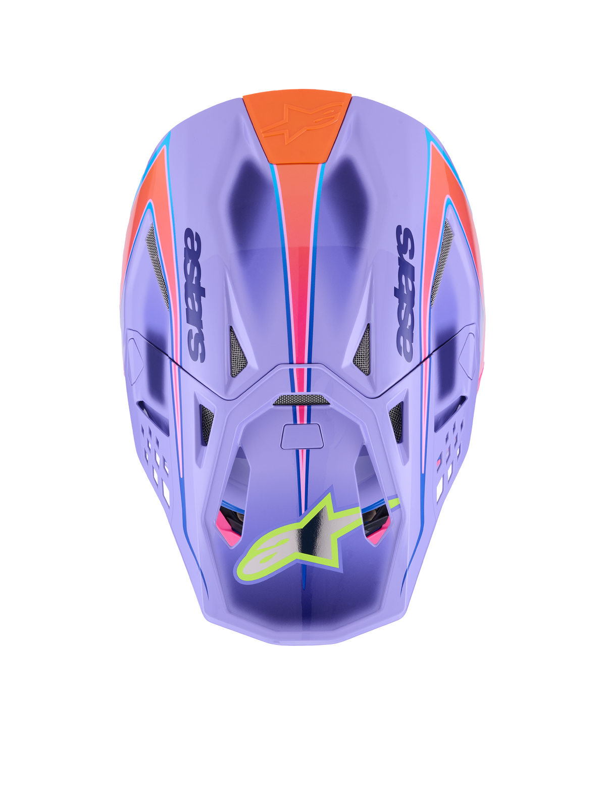 Alpinestars Supertech M10 Jett Lawrence R01 Helmet, Motocross Helmet, Purple with Pink and Orange graphics, top-down view showing ventilation ports and aerodynamic shell, neon yellow star logo on the visor, advanced carbon fiber construction for off-road racing