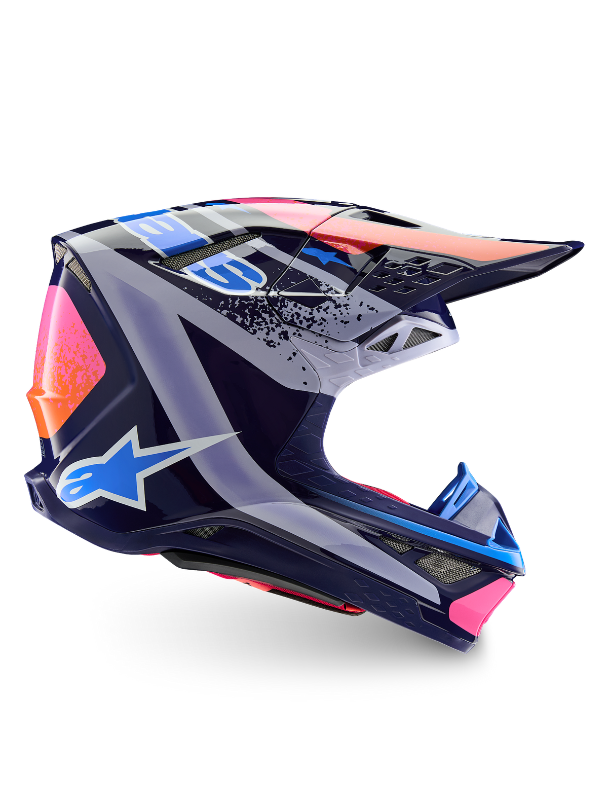 Casque Alpinestars Limited Edition Supertech M10 Records, casque de motocross, multicolore brillant, avec une base bleu marine et des graphismes Records rose vif, orange et bleu clair, vue de profil montrant la coque aérodynamique, la visière et les ports de ventilation.