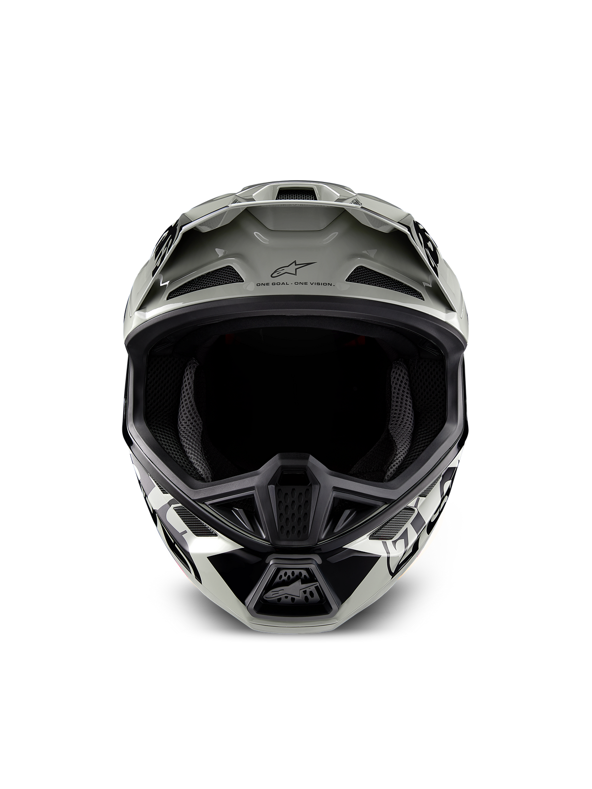 Alpinestars Limited Edition S-M7 Wolf Dust Helmet, Motocross Helmet, Dune Black Glossy with white and black graphics, front view showing the wide eye port and multiple ventilation intake ports, aerodynamic visor with Alpinestars logo and 'One Goal One Vision' text, specialized off-road racing head protection