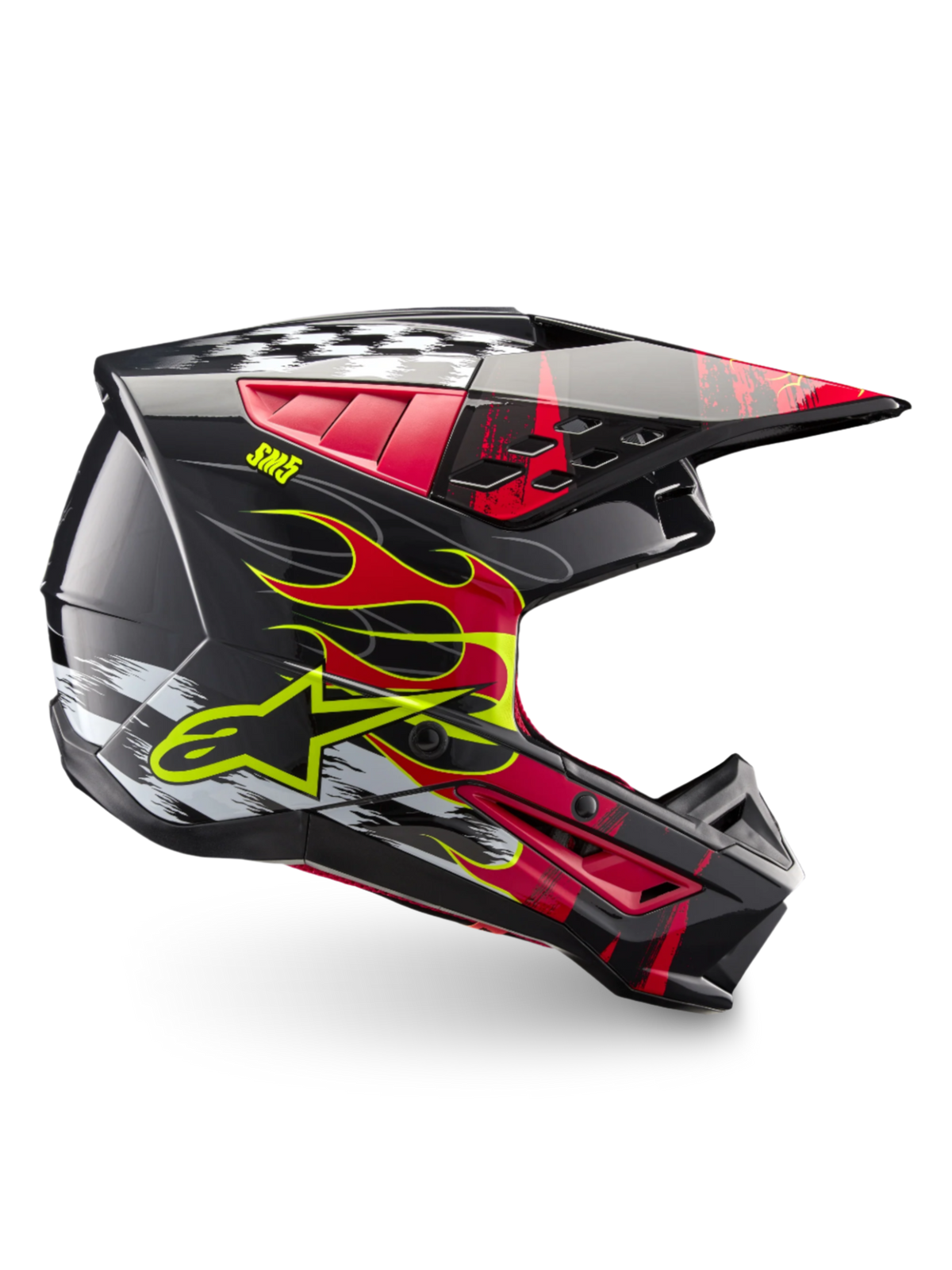 Alpinestars S-M5 Rash, casque de motocross brillant gris foncé et rouge vif, certifié ECE 22.06, motifs de flammes