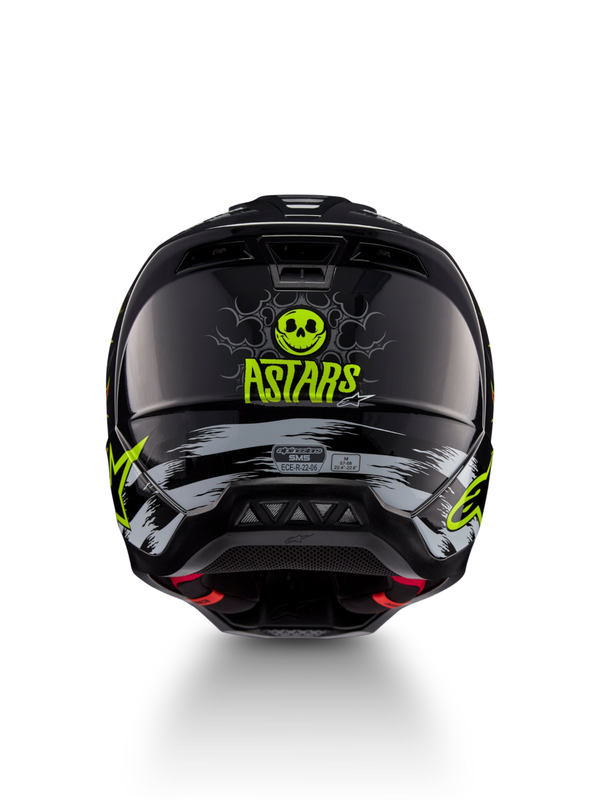 Alpinestars S-M5 Rash, casque de motocross noir et jaune fluo avec tête de mort, vue arrière, certifié ECE 22.06