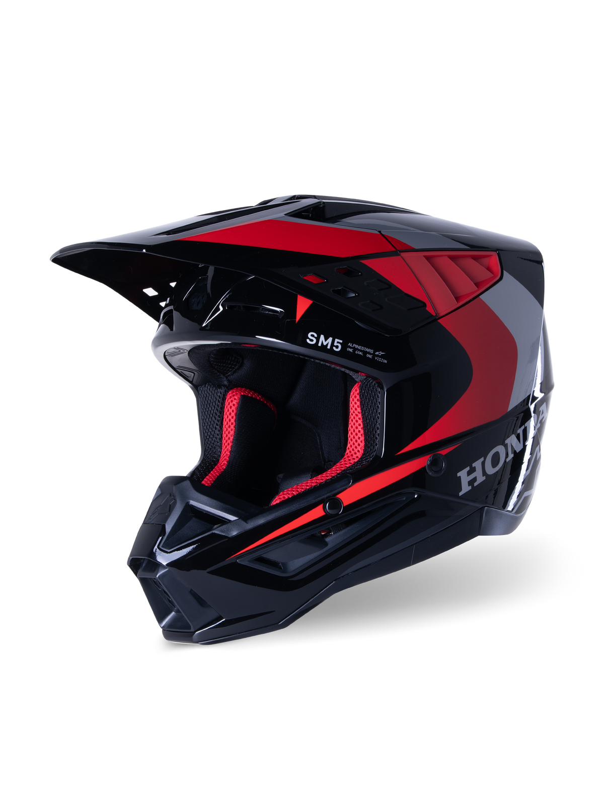 Alpinestars Honda S-M5 Helmet, Motocross Helmet, Black Red Glossy, featuring silver Honda graphics and SM5 logo, aerodynamic profile with large air intakes and an adjustable peak, designed for off-road racing