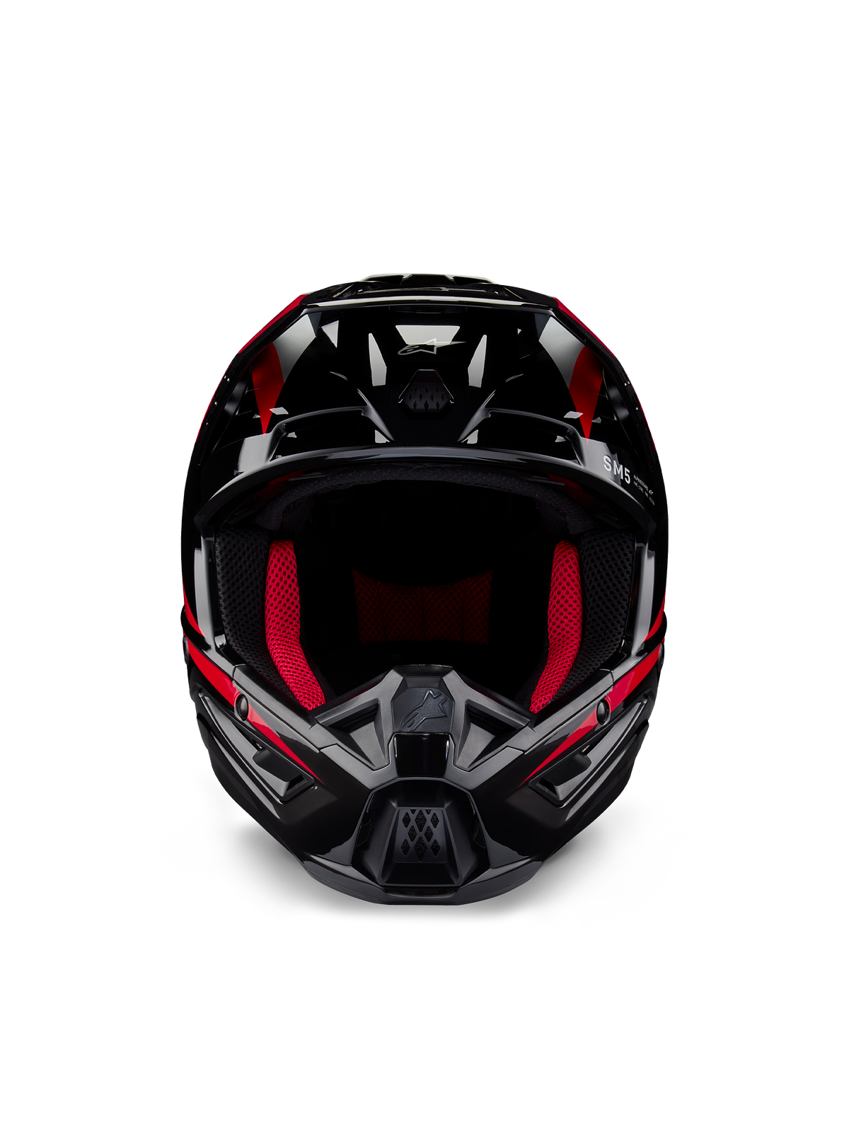 Alpinestars Honda S-M5 Helmet ECE, Motocross Helmet, Black Red Glossy, front-facing view featuring a glossy black finish with red graphics, vibrant red internal padding, angular design with multi-air inlets, high-performance protection for motocross