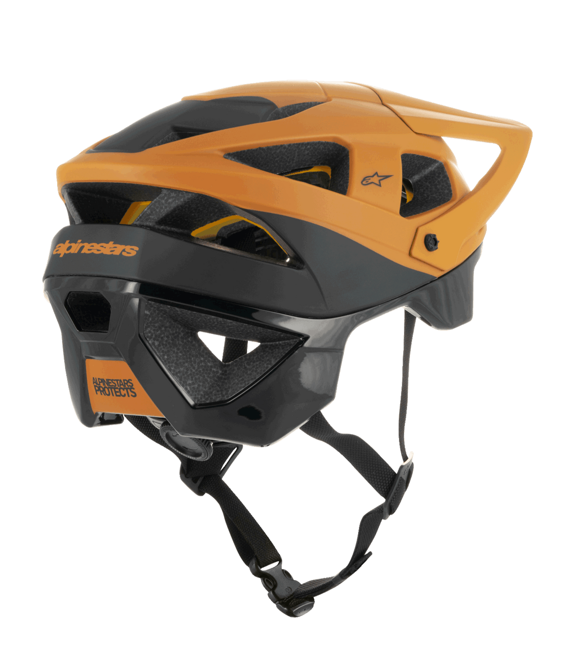 Casque Alpinestars Vector Tech Zeal, casque de VTT, noir et or foncé, vue arrière latérale montrant de nombreuses ouvertures de ventilation, une visière réglable et une jugulaire noire sécurisée, équipement de protection pour VTT avec logo Alpinestars