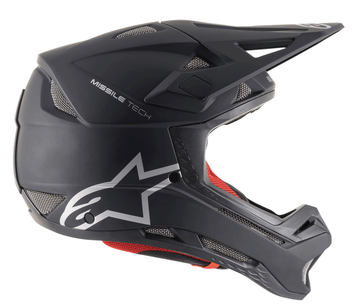 Casque intégral Alpinestars Missile Tech Solid noir mat, VTT de descente avec aérations en mesh et logo argenté.