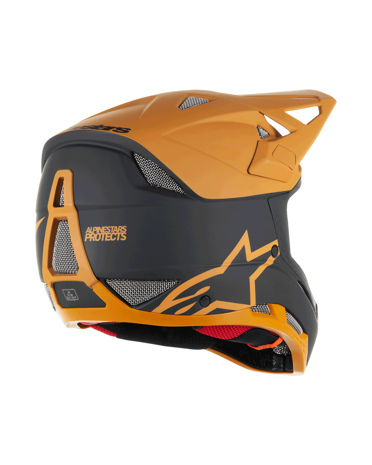 Casque Alpinestars Missile Tech Racer, casque intégral de VTT, noir et or foncé mat, vue latérale arrière présentant des ouvertures de ventilation en mesh, une visière aérodynamique et le marquage Alpinestars Protects à l'arrière, protection professionnelle pour le VTT de descente.