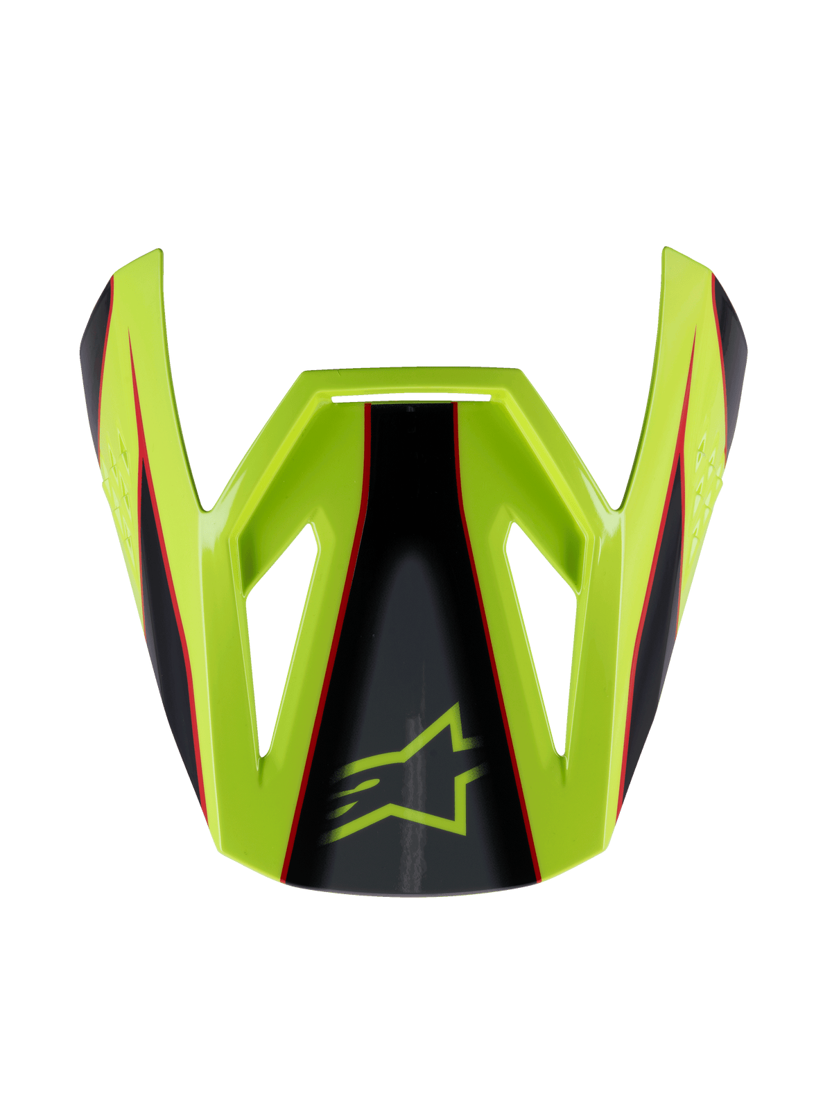 Visière Alpinestars S-M3 Youth Fray, visière de casque de motocross, rouge, jaune fluo et noir avec finition brillante, design angulaire avec le logo étoile Alpinestars, pièce de rechange officielle pour casques de course junior