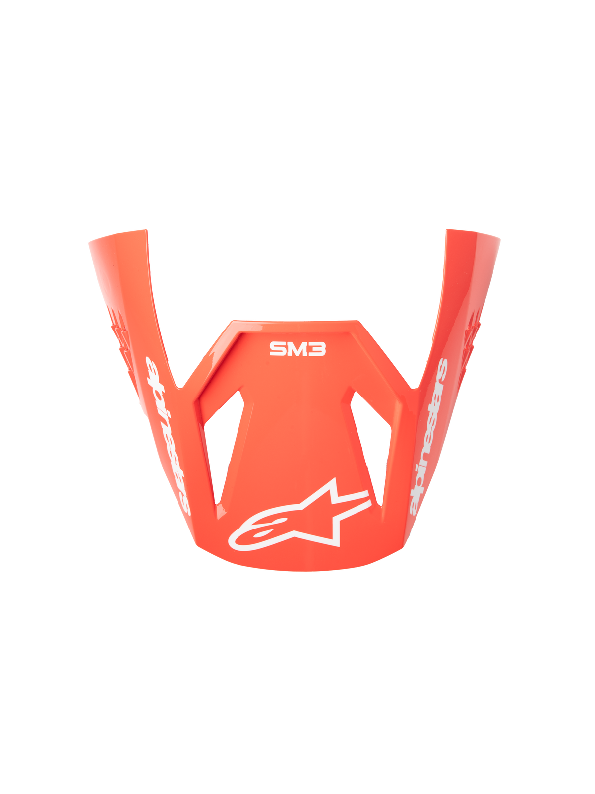 Visière Alpinestars S-M3 Radium, visière de casque de moto, rouge fluo, finition brillante, avec marquage Alpinestars et logo étoile blancs, design aérodynamique angulaire pour le motocross tout-terrain