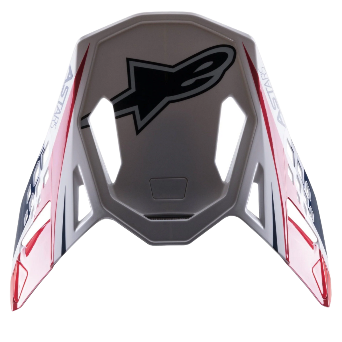 Visière Alpinestars Supertech M10 Carbon Meta2, accessoire pour casque de motocross, finition brillante blanc, rouge et bleu, avec un grand logo Astar noir sur le dessus et marquage latéral, design aérodynamique et ouvertures de ventilation pour casques tout-terrain