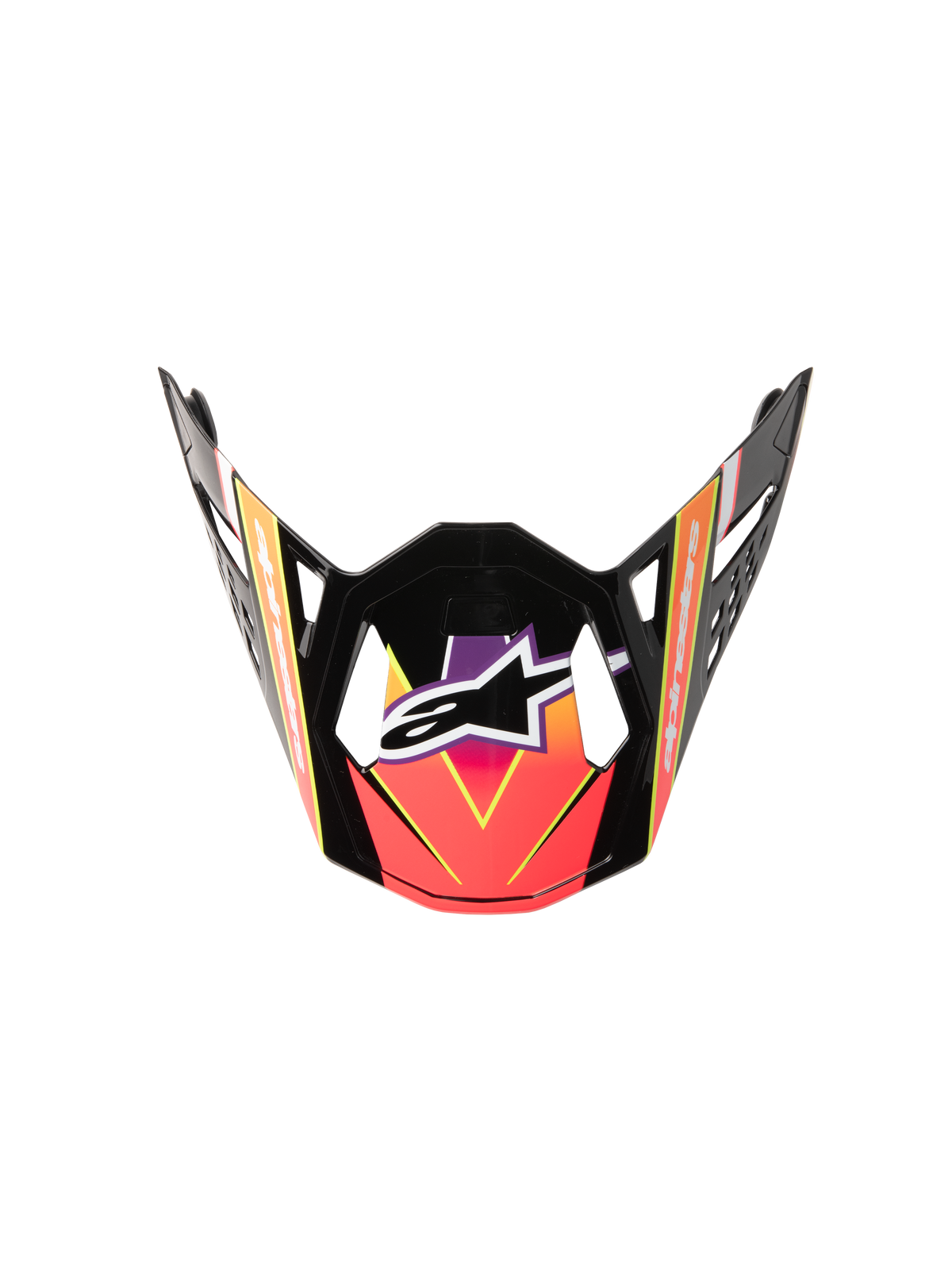 Alpinestars Supertech M10 Era Visor, visière de casque de motocross, dégradé brillant rose, violet et jaune fluo, cadre noir brillant, forme aérodynamique angulaire avec logo blanc centré, visière de remplacement officielle pour la compétition tout-terrain