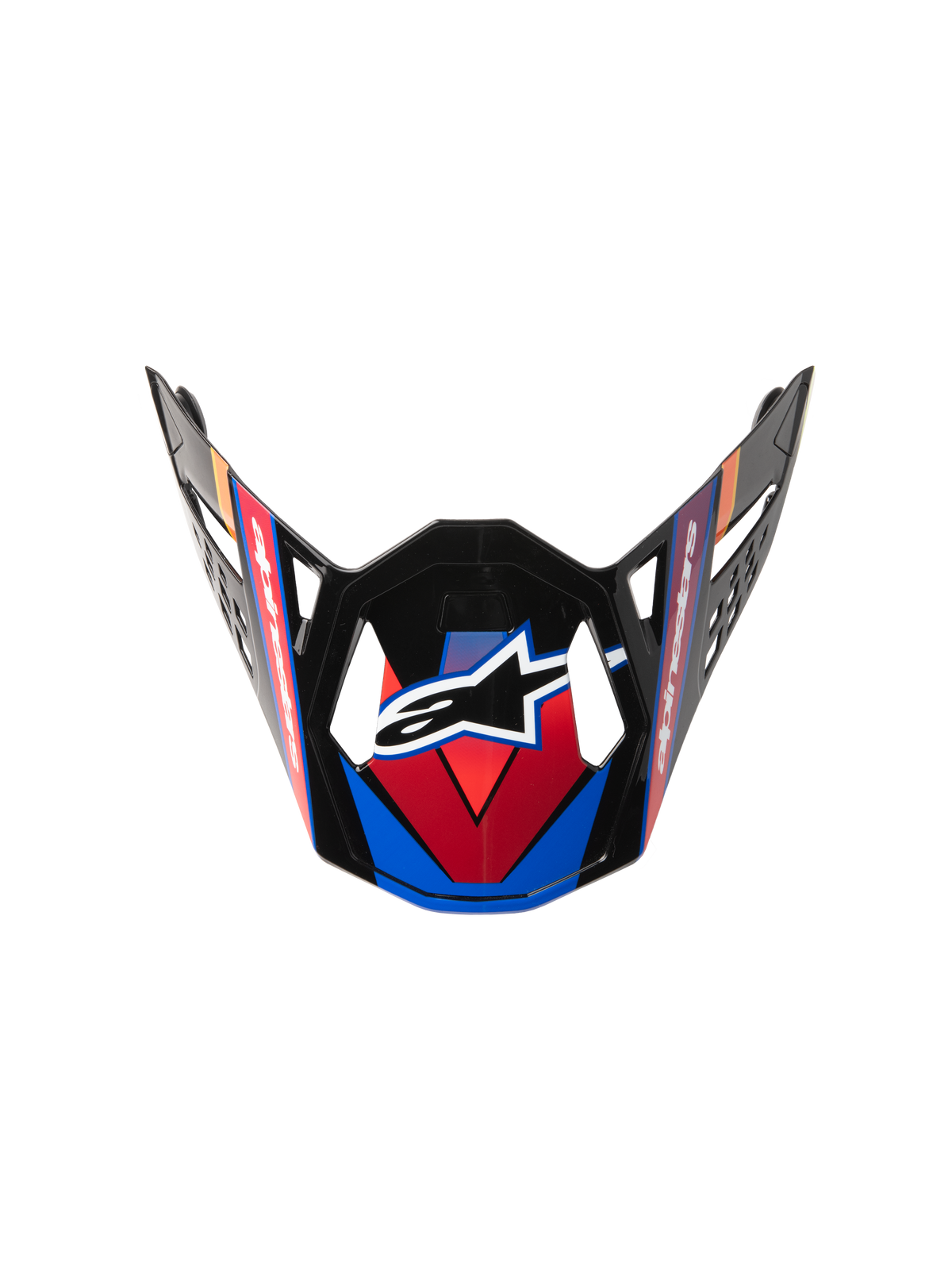 Visière Supertech M10 Era, visière de rechange pour casque de motocross, bleu, rouge et jaune fluo, finition noir brillant avec graphismes angulaires, logo étoile blanche central et découpes d'aération aérodynamiques