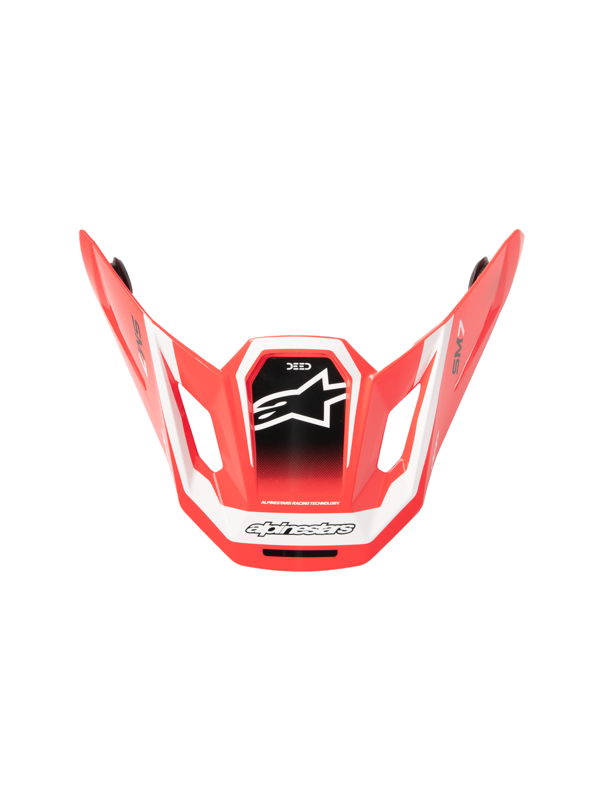 Visière Alpinestars S-M7 Deed ECE06, visière de casque de motocross, rouge, noir et blanc brillant, design angulaire aérodynamique avec logo étoile blanc sur panneau central noir, avec logos SM7 et Deed, finition brillante pour performance tout-terrain
