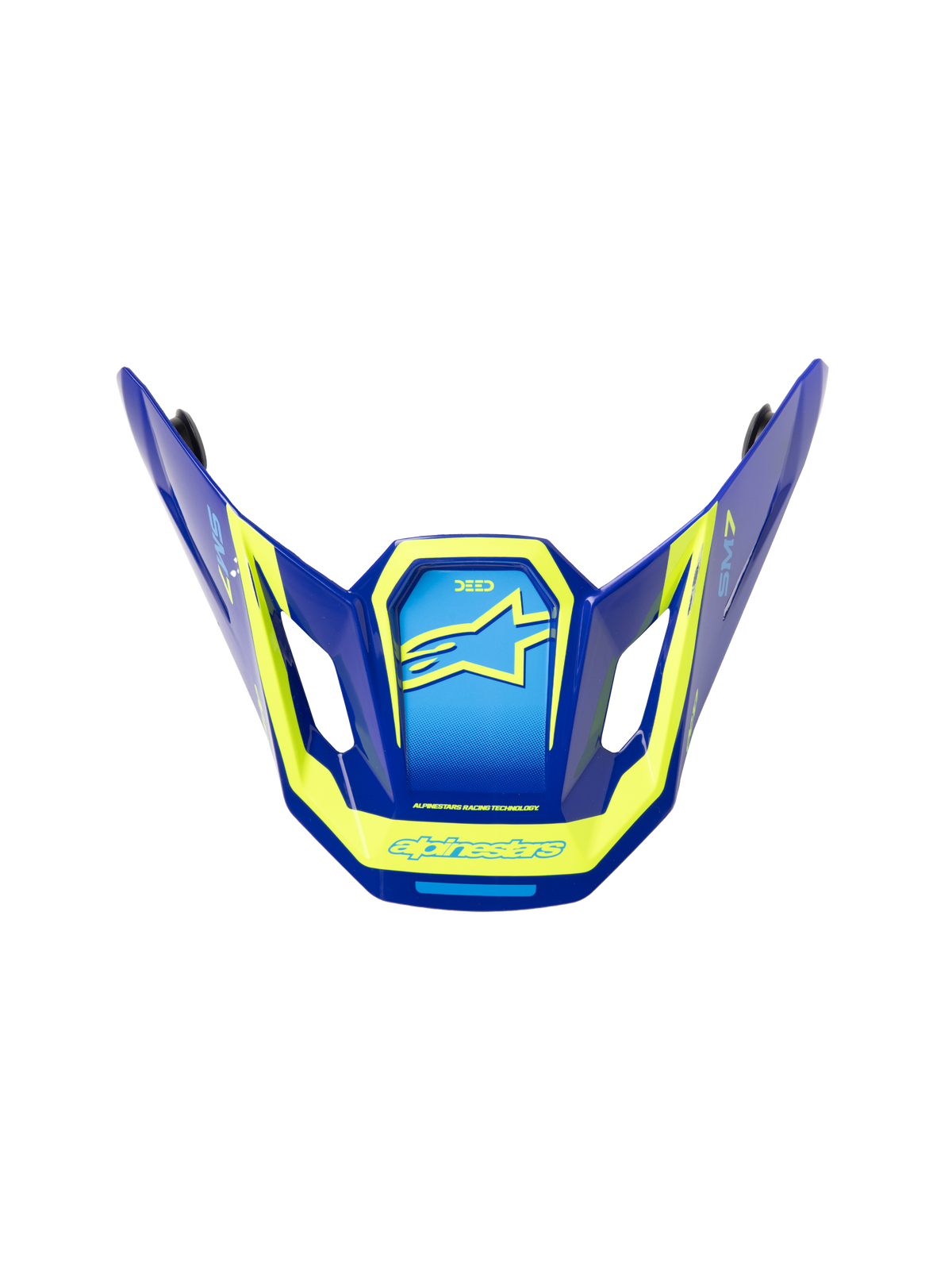 Visière Alpinestars S-M7 Deed ECE06, visière de rechange pour casque de motocross, bleu et jaune fluo avec finition brillante, design aérodynamique angulaire avec aérations latérales, logos et graphiques Alpinestars jaunes