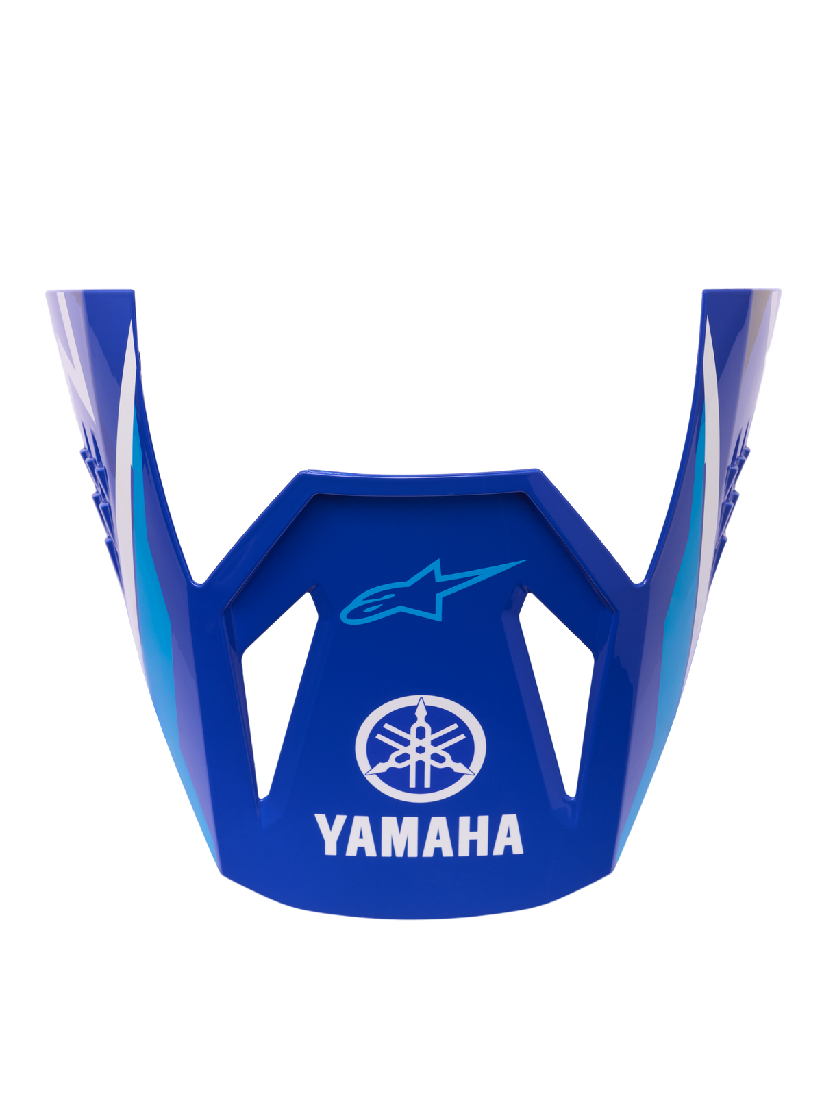 Visière Alpinestars Yamaha S-M3 ECE 22.06, visière de rechange pour casque, bleu brillant avec accents géométriques blancs et bleu clair, avec logo Yamaha blanc et logo Alpinestars Astar bleu, pièce de rechange officielle pour casques de motocross