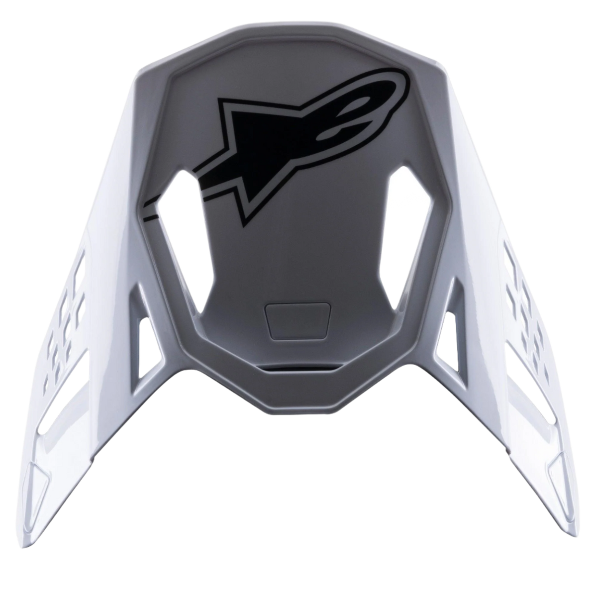 Visière Alpinestars S-M8 Factory, visière de rechange pour casque de motocross, blanche avec logo Alpinestars noir, finition brillante, design aérodynamique avec découpes de ventilation
