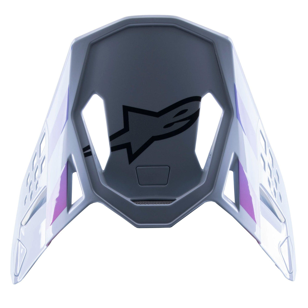 Visière Alpinestars Supertech M10 Daytona 23 LE, visière de remplacement pour motocross, gris avec des accents violets et blancs, logo noir sur le dessous, design léger et aéré pour la course MX