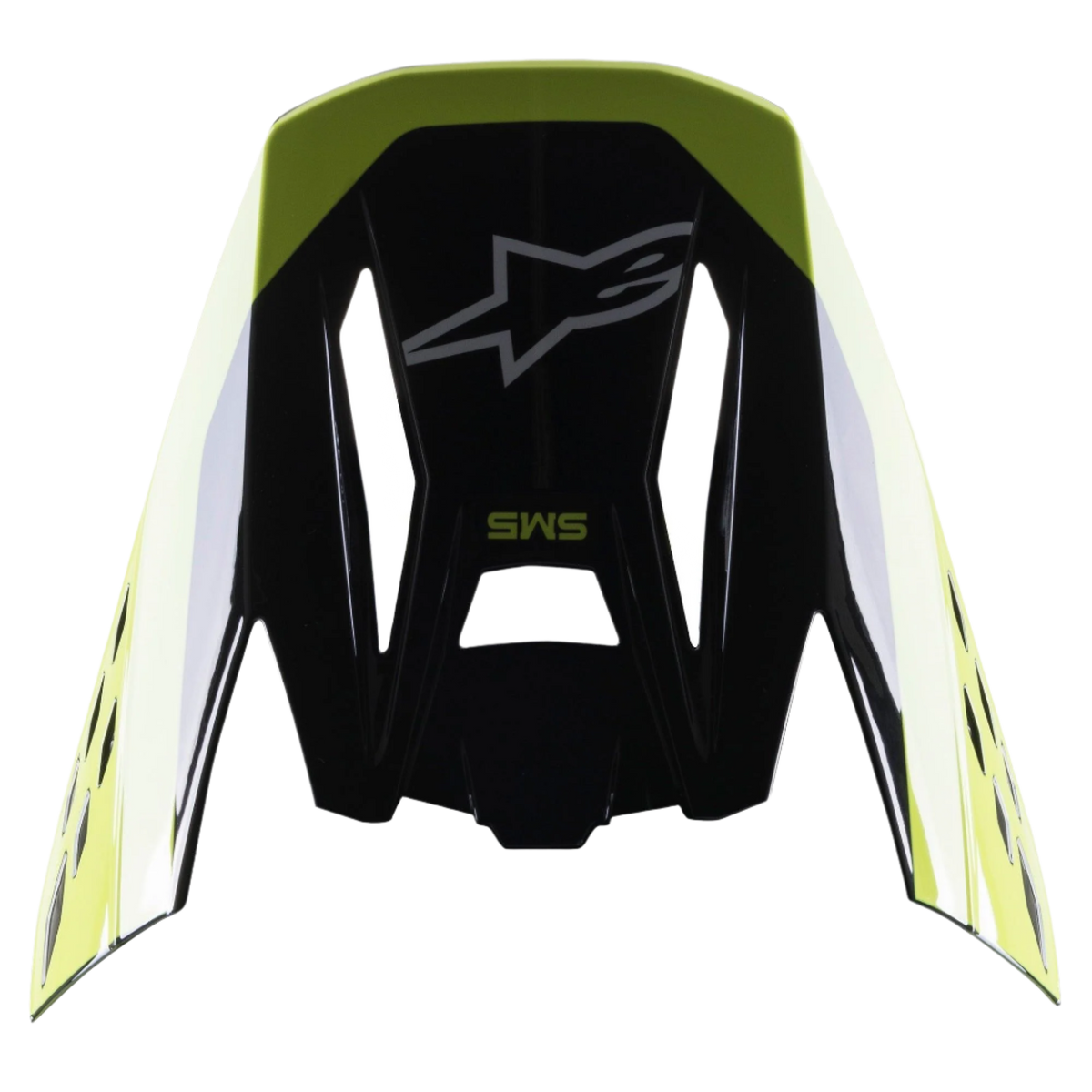 Visière Alpinestars S-M5 Beam, accessoire de casque, noir et jaune fluo brillant, avec le logo étoilé Alpinestars et le marquage SM5, visière de rechange pour casques de motocross