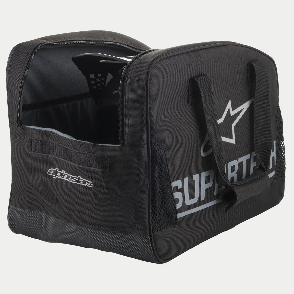 Sac pour casque Alpinestars Supertech Semi Rigid, sac de transport pour casque de motocross noir avec marquage argenté et poignées résistantes