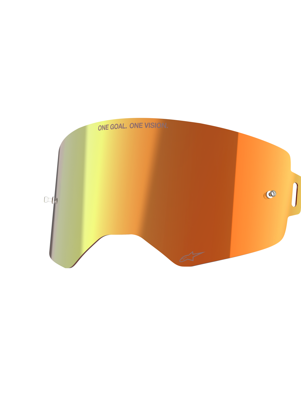 Lentille miroir Alpinestars Supertech, accessoire de remplacement pour masque, rouge miroir avec dégradé orange et jaune, arborant le texte 'ONE GOAL. ONE VISION.' et le logo Alpinestars, finition réfléchissante avec supports pour tear-off pour le motocross