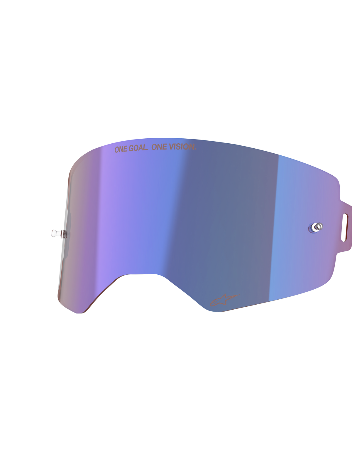Lentille Miroir Alpinestars Supertech, écran de remplacement pour lunettes de motocross, bleu miroir avec finition irisée violette, doté de supports tear-off intégrés, texte « ONE GOAL. ONE VISION. » en haut et logo Alpinestars en bas, polycarbonate haute clarté pour la course tout-terrain