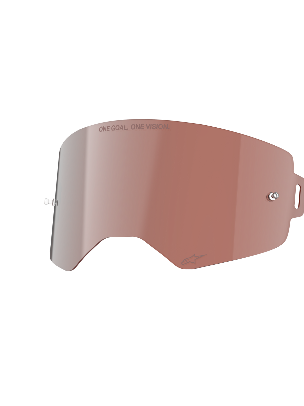 Lentille Miroir Supertech Alpinestars, lentille de remplacement pour lunettes, argent miroir avec teinte chaude, inscription « ONE GOAL. ONE VISION. » et supports pour tear-offs, construction en polycarbonate durable pour motocross et tout-terrain