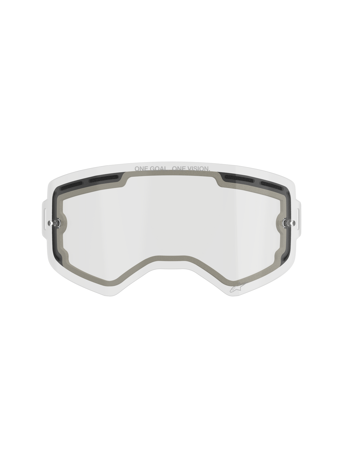 Lentille Alpinestars Supertech Double Paroi, écran de rechange transparent pour lunettes de motocross, conception ventilée avec joints en mousse grise, inscription « ONE GOAL. ONE VISION. » sur le bord supérieur, polycarbonate antibuée incurvé pour une utilisation tout-terrain