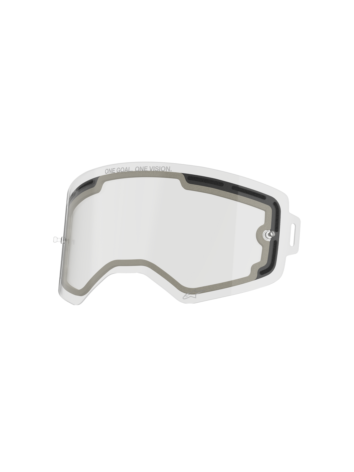 Lentille à double paroi Alpinestars Supertech, lentille de rechange claire pour lunettes, conception ventilée à double paroi avec joint en mousse gris, comportant l'inscription « ONE GOAL. ONE VISION. », polycarbonate résistant aux impacts pour la performance en motocross