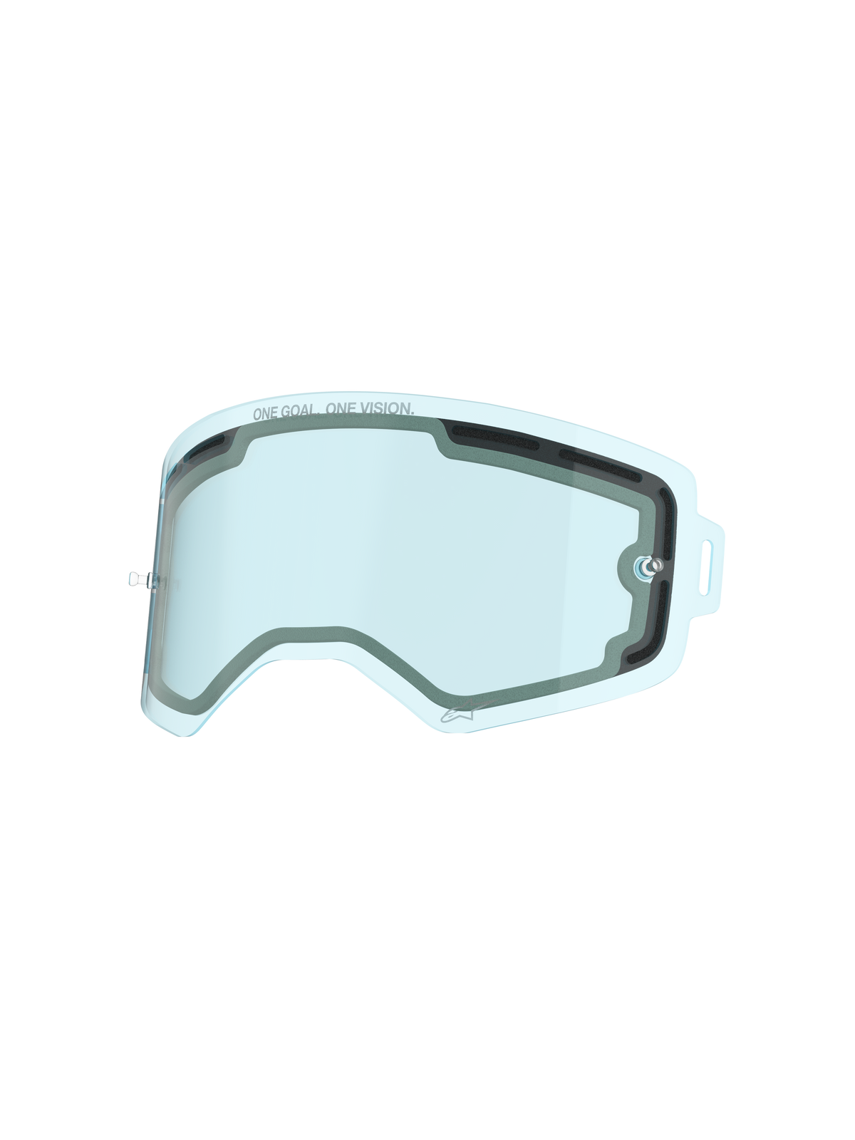 Lentille Alpinestars Supertech, lentille de masque ventilée à double paroi teintée bleu, avec l'inscription « ONE GOAL. ONE VISION. », lentille de rechange en polycarbonate résistant aux chocs pour la protection en motocross et en tout-terrain