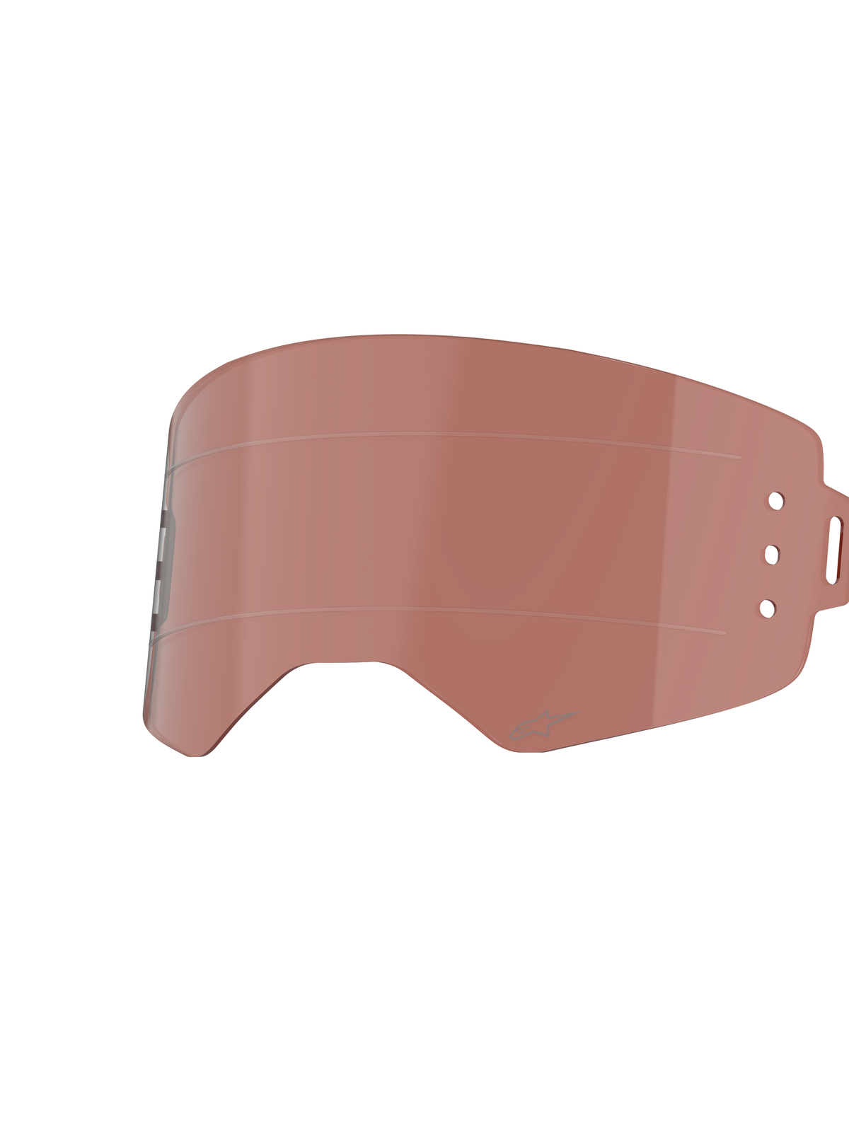 Lentille Roll-Off Alpinestars Supertech, teinte Cuivre Rose, lentille de remplacement pour lunettes de motocross, avec lignes de glissement horizontales et trous de montage pour boîtiers roll-off, construction en polycarbonate durable pour la course tout-terrain