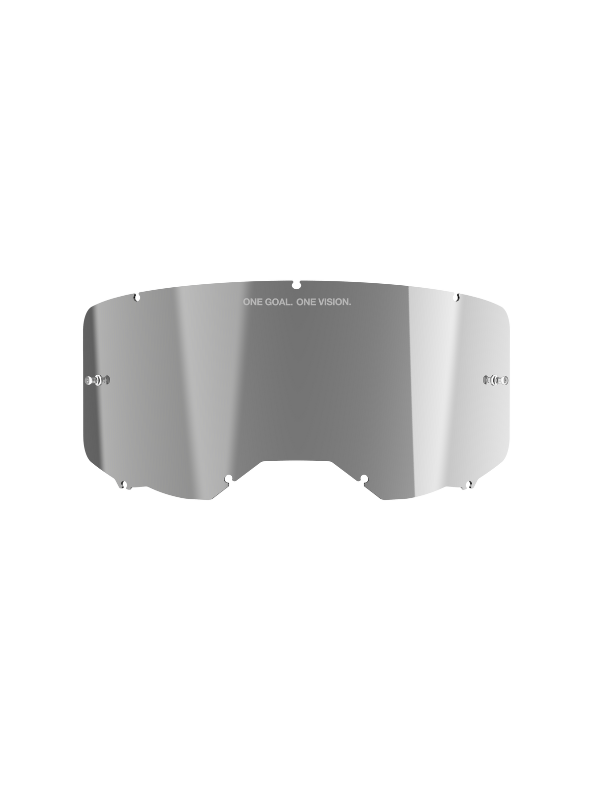 Alpinestars Vision 8-5-3 Mirror Lens, finition réfléchissante Mirror Silver, construction en polycarbonate incurvé avec inscription « ONE GOAL. ONE VISION. », supports de tear-off intégrés, écran de rechange pour lunettes de motocross