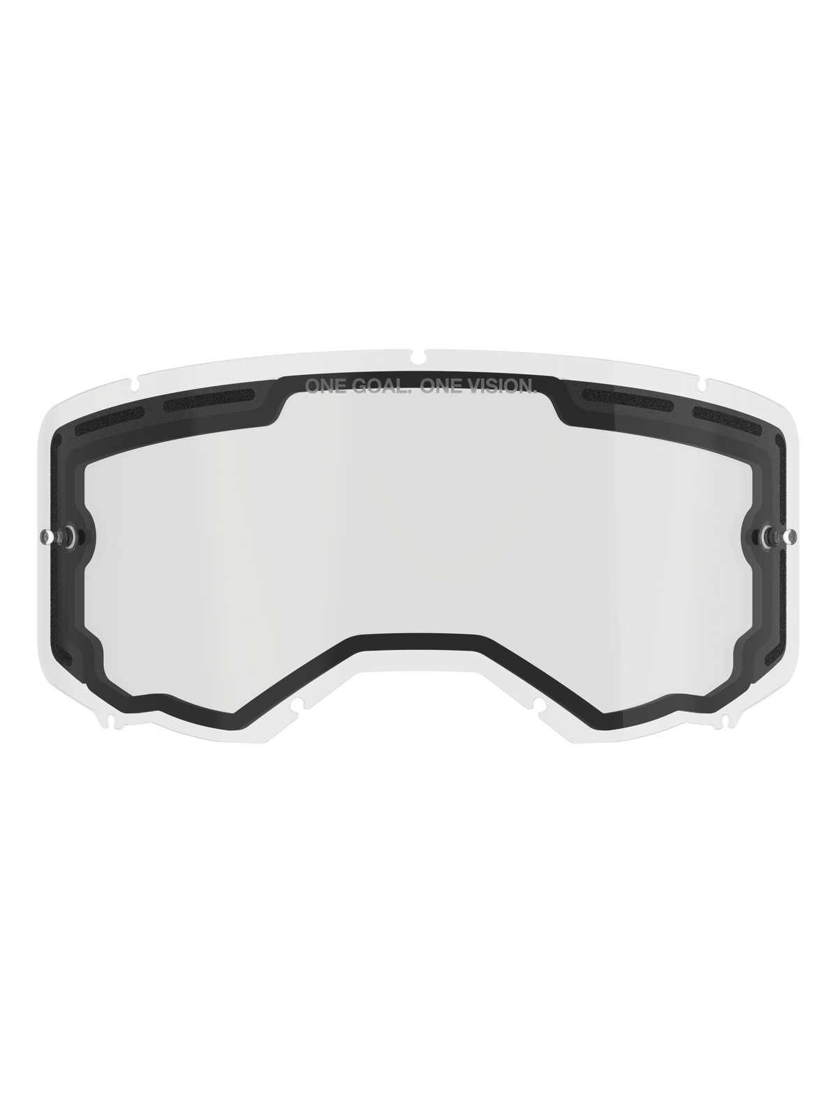 Lentille double Alpinestars Vision 8-5-3, écran de rechange transparent pour lunettes de motocross, avec joint intérieur noir et ports de ventilation supérieurs, ergots latéraux pour tear-offs, marquage « ONE GOAL ONE VISION » sur le bord supérieur, accessoire de course tout-terrain