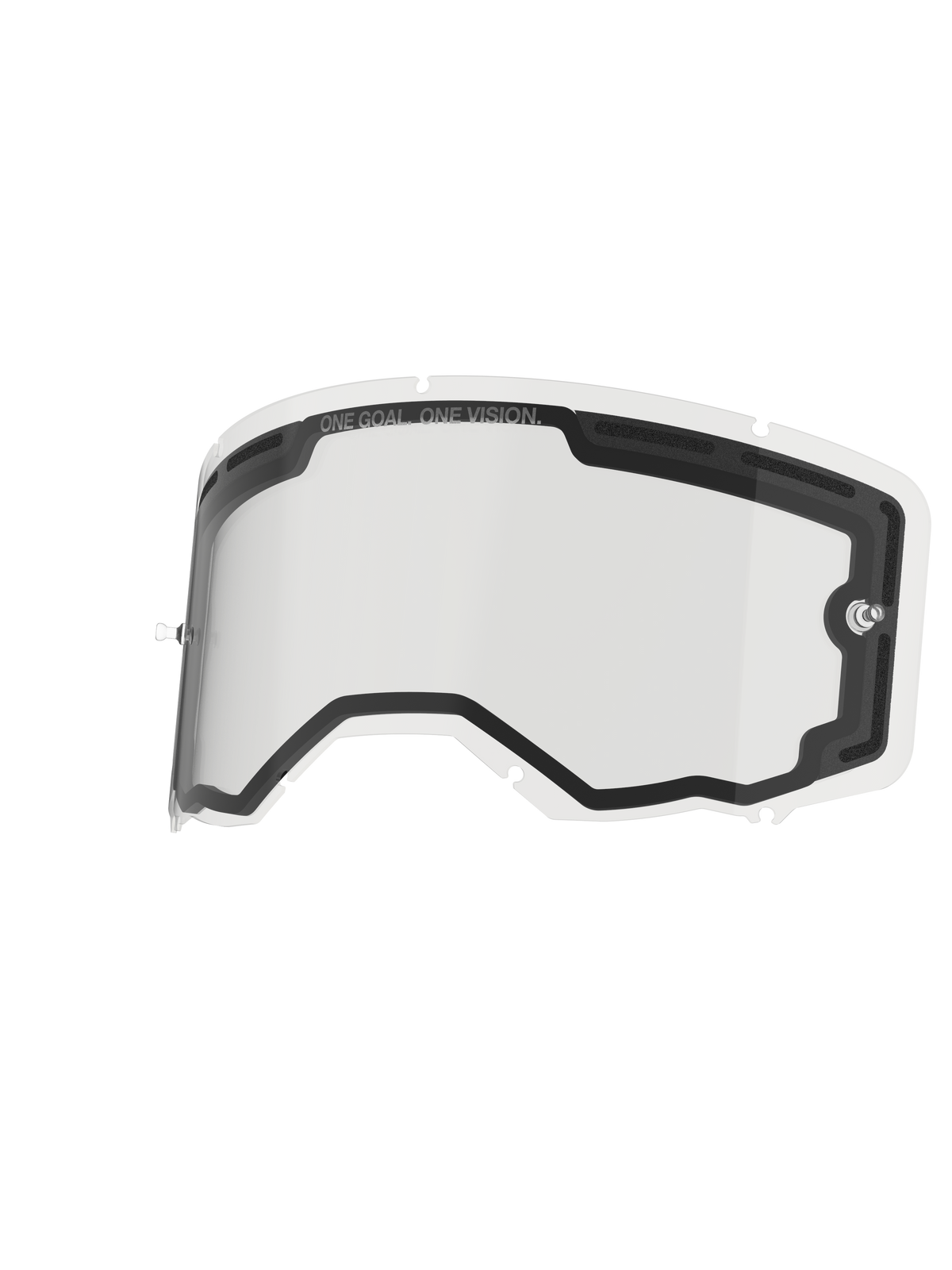 Lentille Alpinestars Vision 8-5-3 à double paroi, écran de rechange transparent pour lunettes, doté d'une construction à double vitrage avec ventilation doublée de mousse, supports de tear-off intégrés et système de verrouillage à sept trous clés, inscription « ONE GOAL. ONE VISION. » imprimée sur le bord supérieur