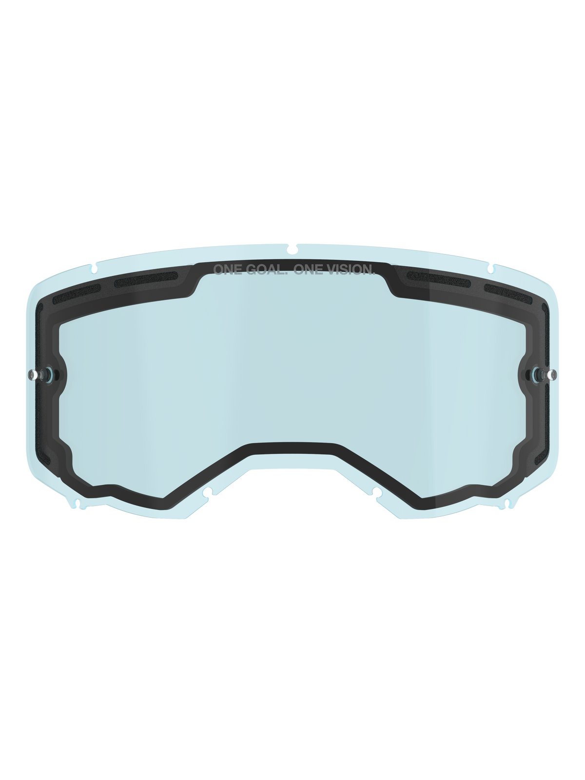 Alpinestars Vision 8-5-3 Dual Pane Lens, écran de rechange teinté bleu clair, joint intérieur noir avec marquage "ONE GOAL. ONE VISION.", supports tear-off latéraux, design incurvé avec ventilation supérieure pour le motocross et le tout-terrain