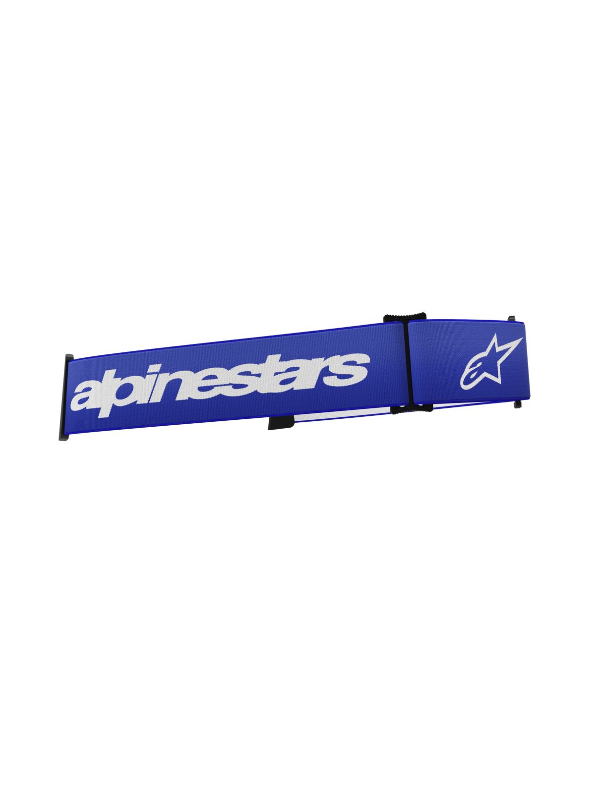 Sangle de lunettes Alpinestars Supertech, accessoire pour lunettes de motocross, bleu et blanc, avec lettrage Alpinestars et logo étoile blancs sur une bande tissée bleu vif, sangle de remplacement avec interface à clipser pour la course tout-terrain