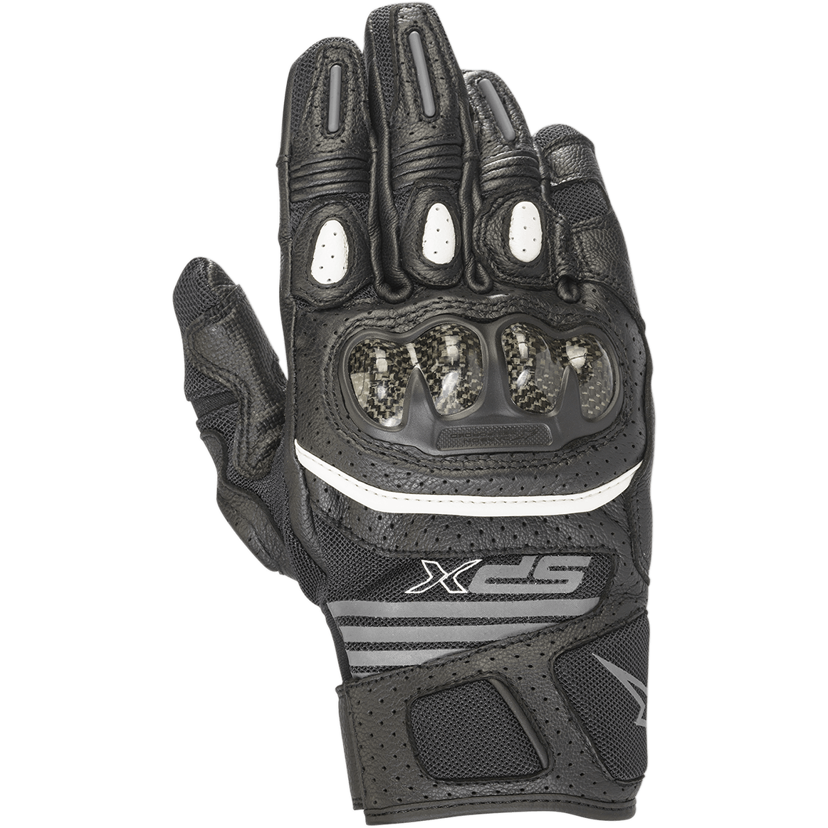 Gants Alpinestars SPX Air Carbon V2 pour femme, noir et anthracite, gants de moto à manchette courte avec protection des articulations en fibre de carbone, cuir perforé et panneaux en mesh pour la circulation de l'air, bande blanche contrastée et logo SPX
