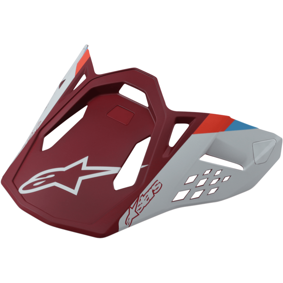 Alpinestars S-M8 Helmet Visor Contact, Motorcycle Helmet Visor, Matte Red and Light Gray, featuring white star logo, aerodynamic design with geometric cutouts, red and blue stripe accents
