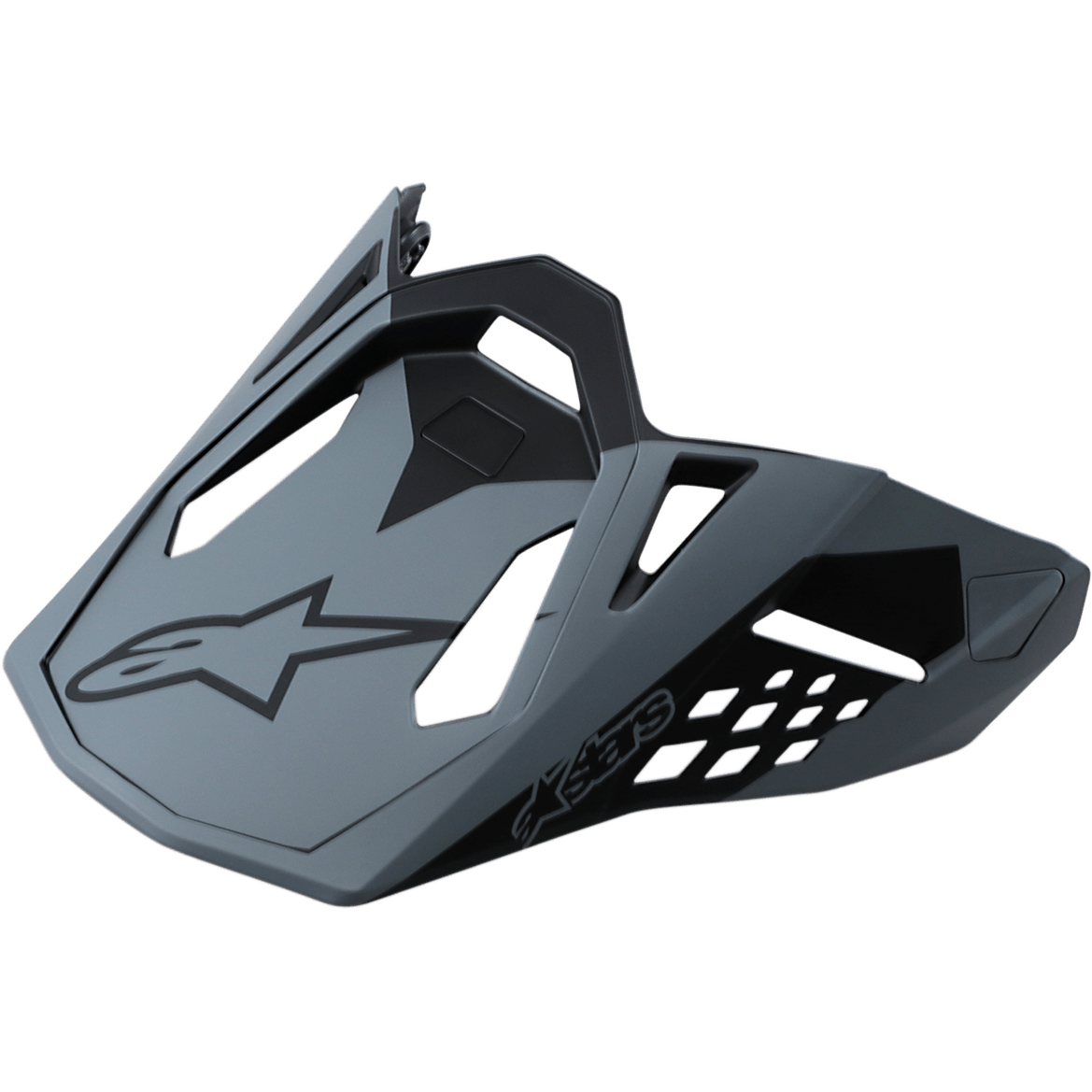Visière de casque Alpinestars Supertech M10 Meta, visière de rechange pour casques de motocross, noir mat et gris, avec logo Astar noir et découpes de ventilation géométriques, design aérodynamique pour la course tout-terrain