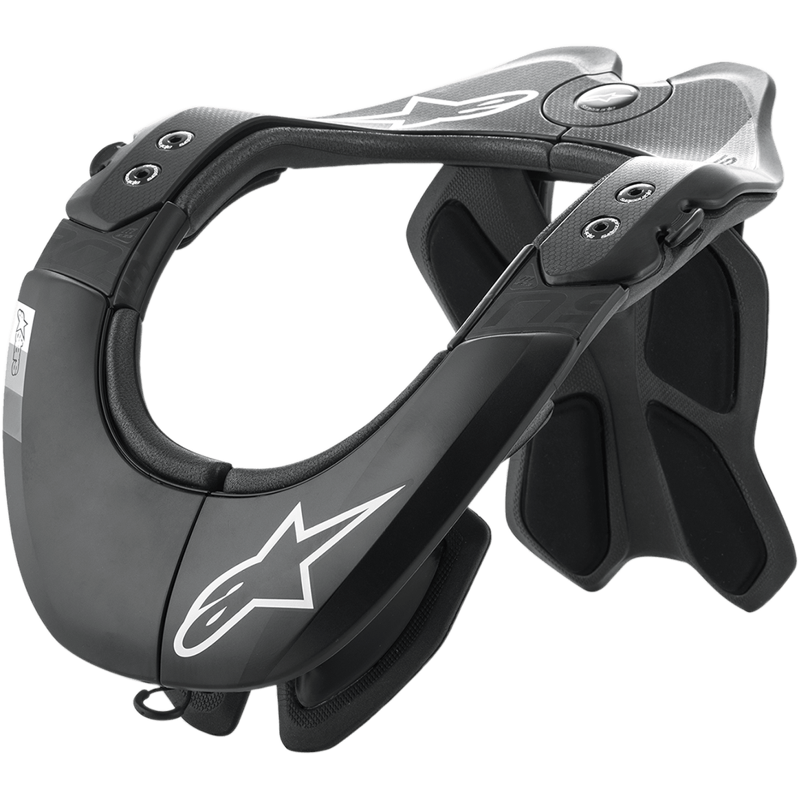 Alpinestars BNS Tech 2 Neck Support, Motocross Neck Brace, Black and Cool Gray, carbon polymer frame with carbon fiber texture, white Alpinestars star logos, featuring an ergonomic rear stabilizer and cushioned padding, professional off-road racing protection