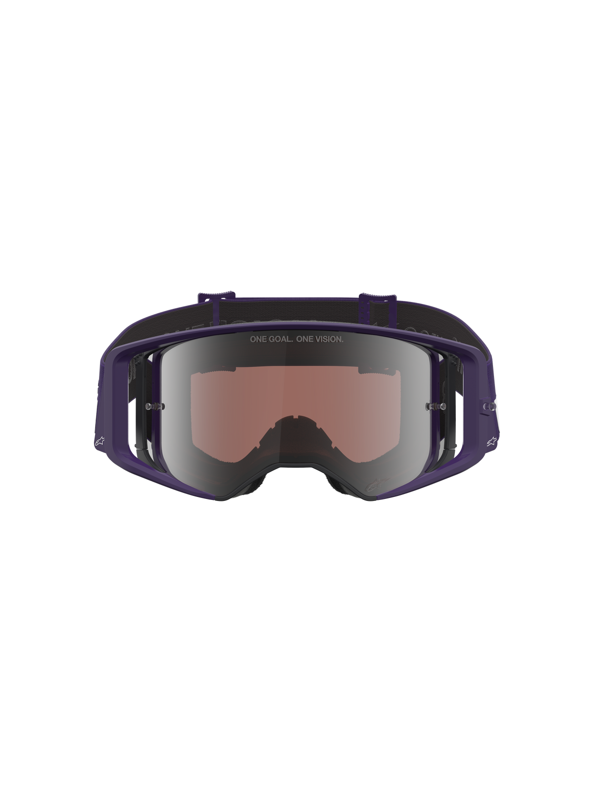 Masque Alpinestars Supertech Vision HUNTA96 XXV Édition Limitée, masque de motocross, violet et blanc avec écran miroir argenté, vue de face montrant l'écran réfléchissant avec l'inscription 'ONE GOAL. ONE VISION.', conception de monture large pour une vision périphérique optimisée pour la course tout-terrain