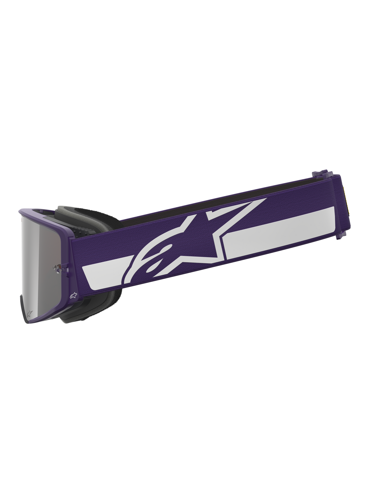 Alpinestars Édition Limitée Masque HUNTA96 XXV Supertech Vision, masque de motocross, violet et blanc, profil latéral montrant un large bandeau violet avec logo étoile Alpinestars blanc et bande, écran miroir argenté, équipement de protection haute performance pour le tout-terrain